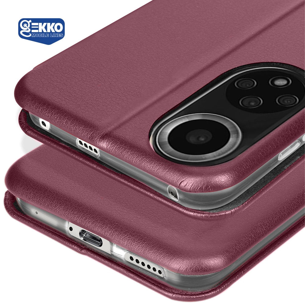 Husa pentru Huawei Nova 9 - Flip carte, inchidere magnetica, buzunar card si video stand, Gekko Elegance - Bordo