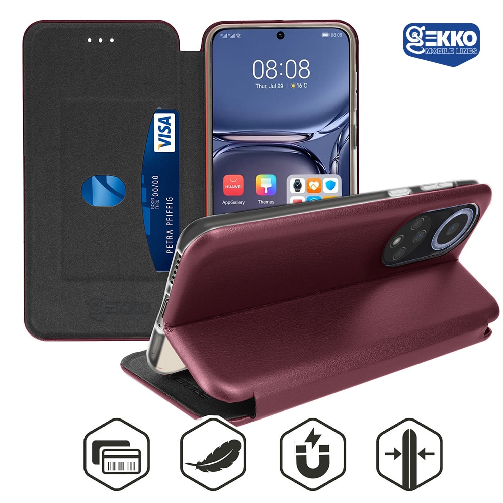 Husa pentru Huawei Nova 9 - Flip carte, inchidere magnetica, buzunar card si video stand, Gekko Elegance - Bordo