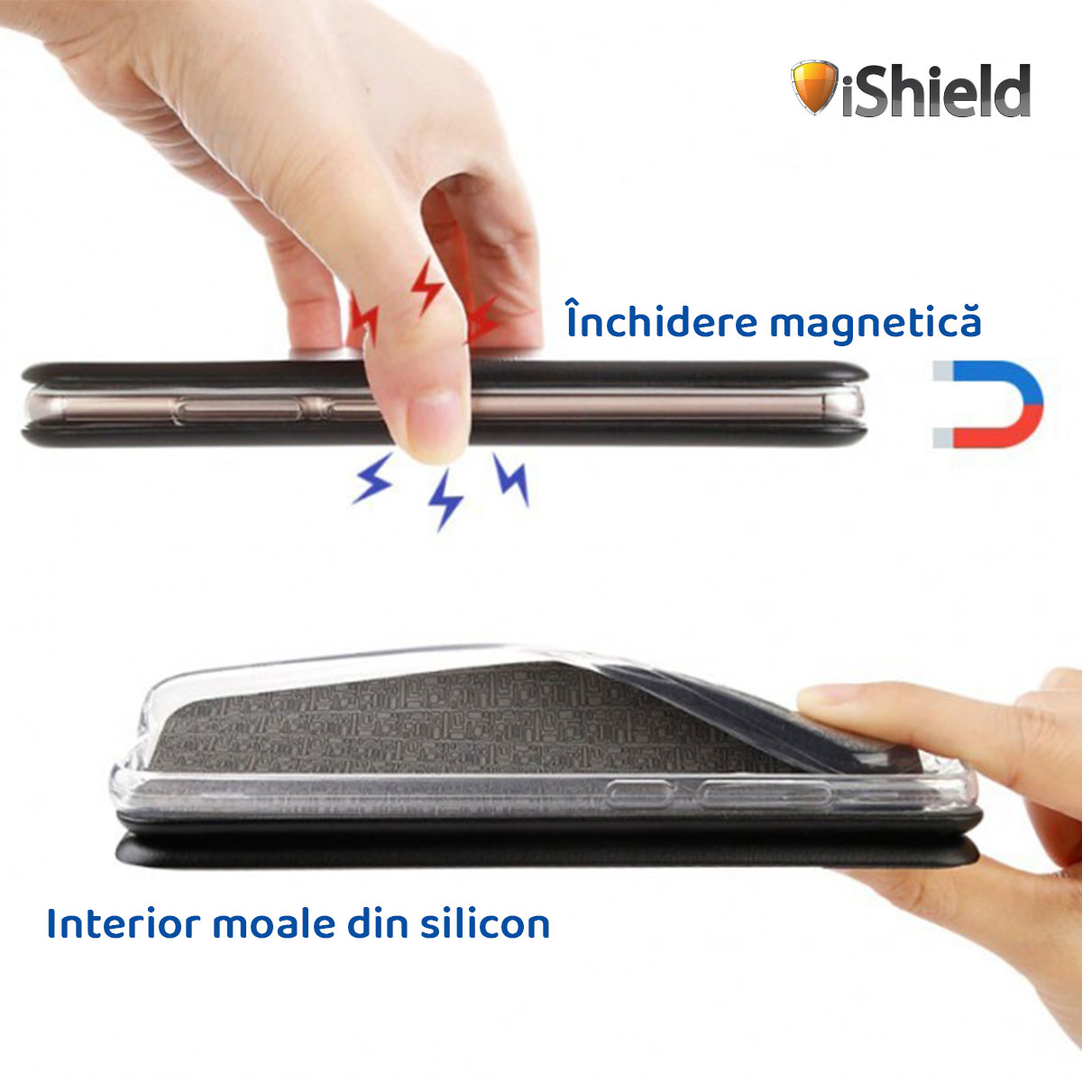 Husa flip Huawei P40 Lite - carte cu magnet integrat, buzunar interior, piele eco, iShiled - Neagra