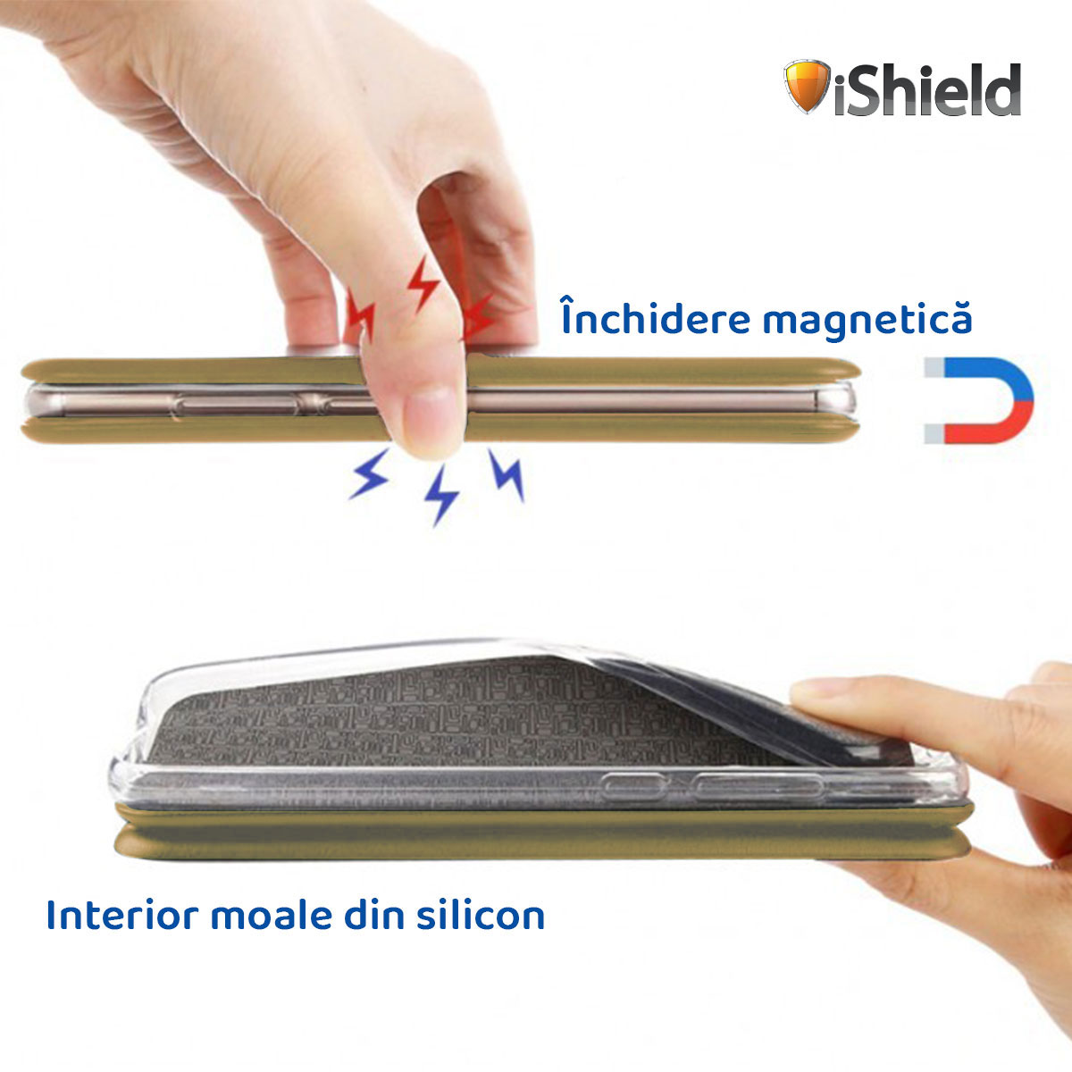 Husa flip Huawei Nova 5T - carte cu magnet integrat, buzunar interior, piele eco, iShiled - Aurie