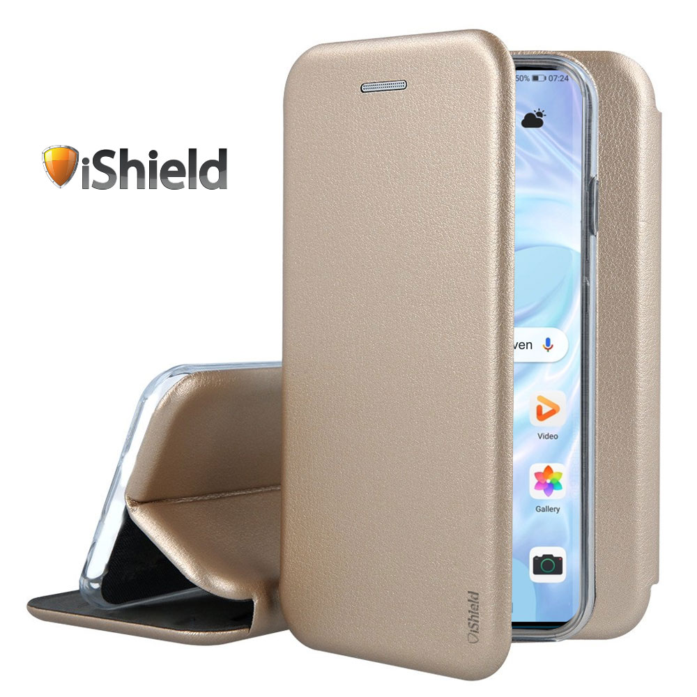Husa flip Huawei Nova 5T - carte cu magnet integrat, buzunar interior, piele eco, iShiled - Aurie
