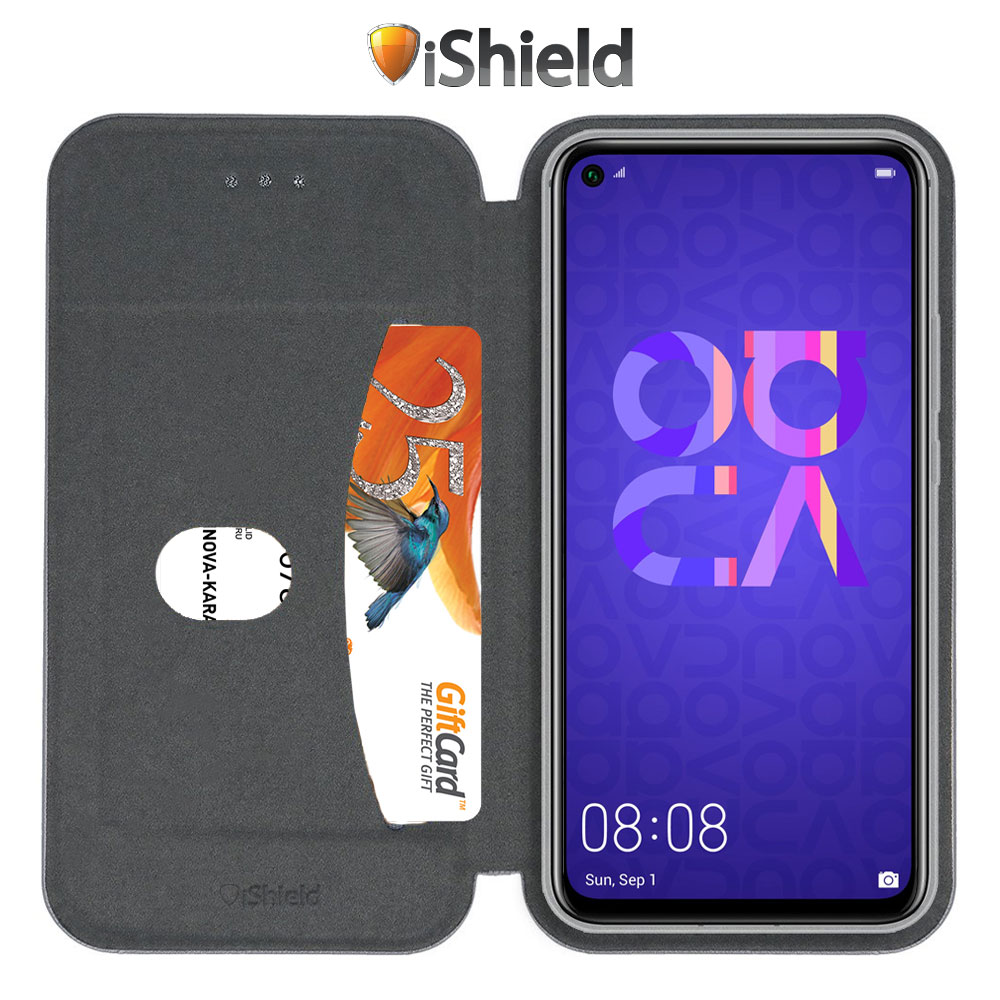 Husa flip Huawei Nova 5T - carte cu magnet integrat, buzunar interior, piele eco, iShiled - Aurie