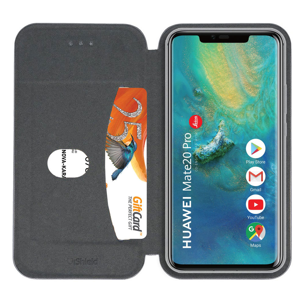 Husa flip Huawei Mate 20 Pro - carte cu magnet integrat, buzunar interior, piele eco, iShiled - Neagra