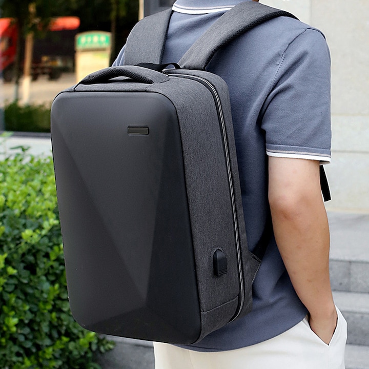 Rucsac laptop impermeabil, buzunar USB, negru, 30x45x15cm
