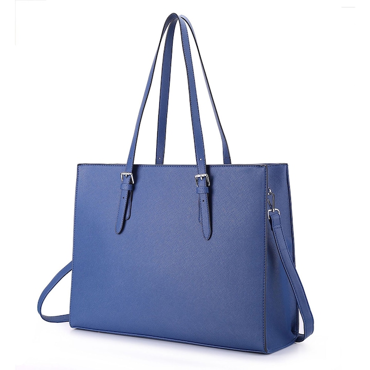 Geanta tote pentru laptop 15.6 inch, piele ecologica, buzunar cu fermoar antifurt, curea crossbody detasabila, albastru