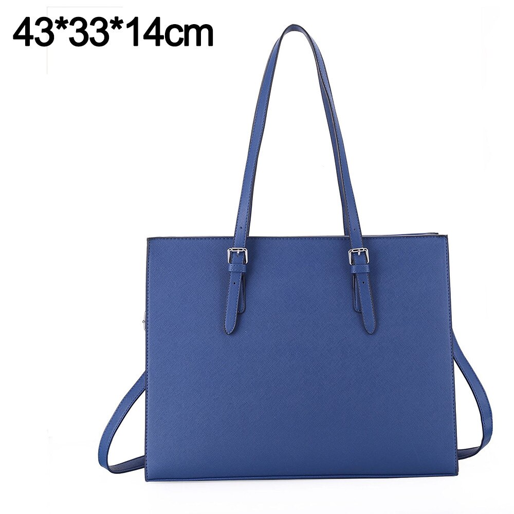 Geanta tote pentru laptop 15.6 inch, piele ecologica, buzunar cu fermoar antifurt, curea crossbody detasabila, albastru