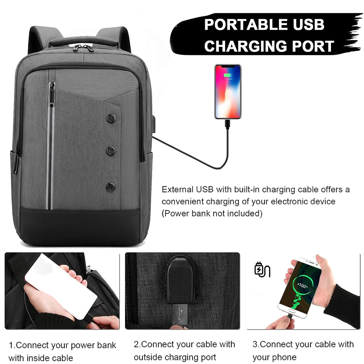 Rucsac laptop din nylon cu port USB integrat, compartiment pentru laptop 15.6", buzunare multiple, gri, 42 x 30 x 12 cm, model 0806BM-BST3153786-1