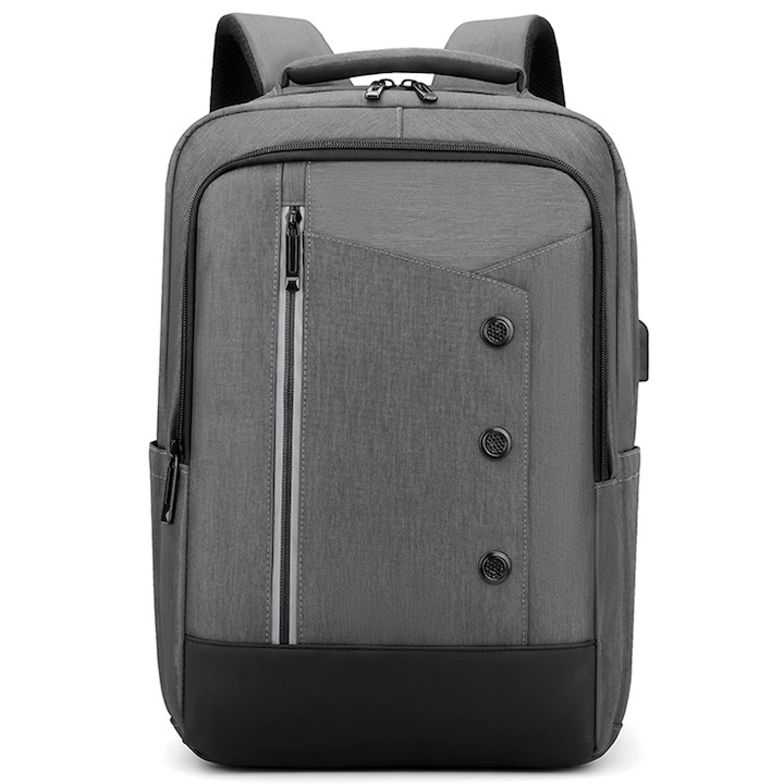 Rucsac laptop din nylon cu port USB integrat, compartiment pentru laptop 15.6", buzunare multiple, gri, 42 x 30 x 12 cm, model 0806BM-BST3153786-1