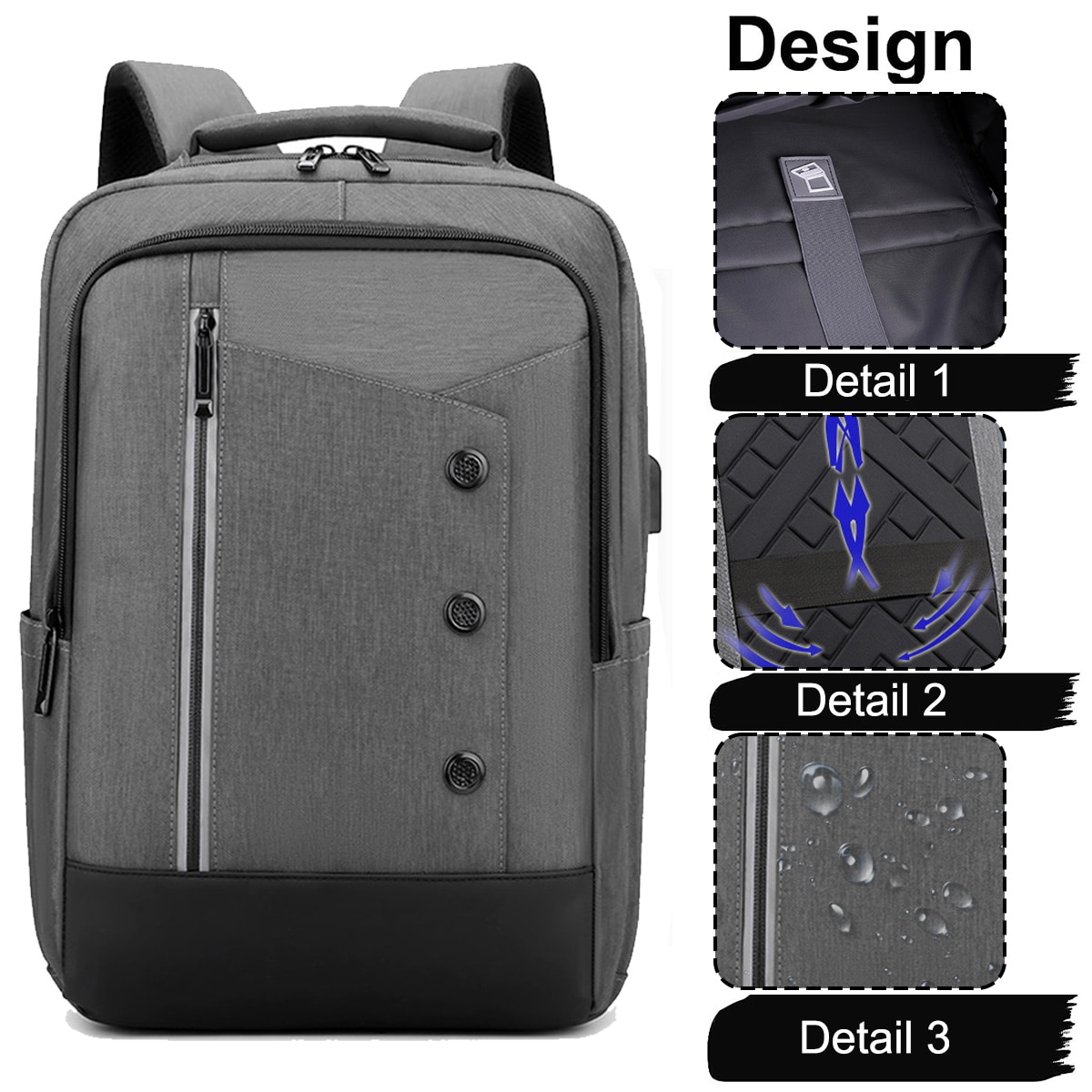 Rucsac laptop din nylon cu port USB integrat, compartiment pentru laptop 15.6", buzunare multiple, gri, 42 x 30 x 12 cm, model 0806BM-BST3153786-1