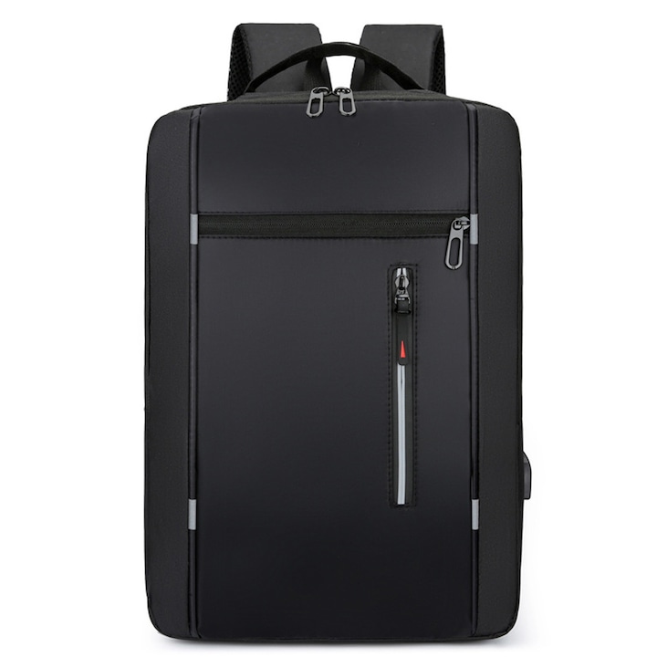 Rucsac laptop din Oxford cu port USB, compartiment pentru laptop 15.6", rezistent la rupturi, fermoare metalice, negru, 43 x 31 x 12 cm