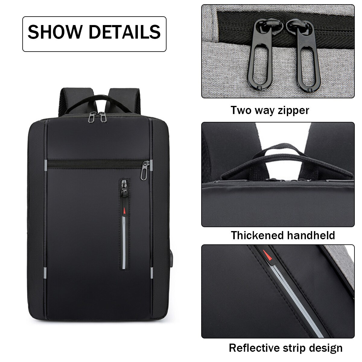 Rucsac laptop din Oxford cu port USB, compartiment pentru laptop 15.6", rezistent la rupturi, fermoare metalice, negru, 43 x 31 x 12 cm