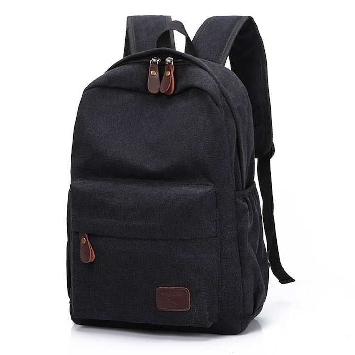 Rucsac din canvas pentru laptop, compartiment pentru 17.3", buzunar frontal si laterale, negru, 44 x 30 x 13 cm