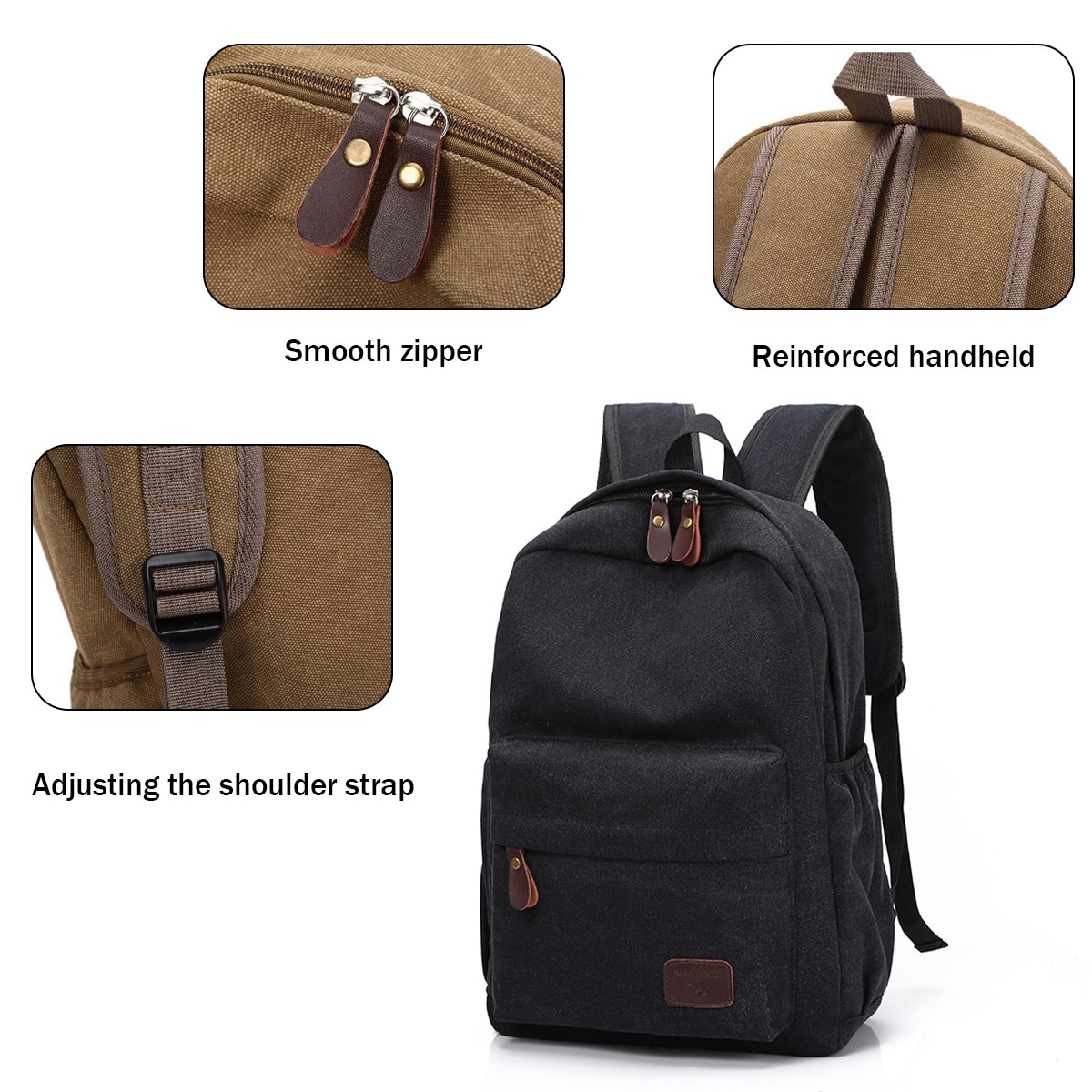 Rucsac din canvas pentru laptop, compartiment pentru 17.3", buzunar frontal si laterale, negru, 44 x 30 x 13 cm