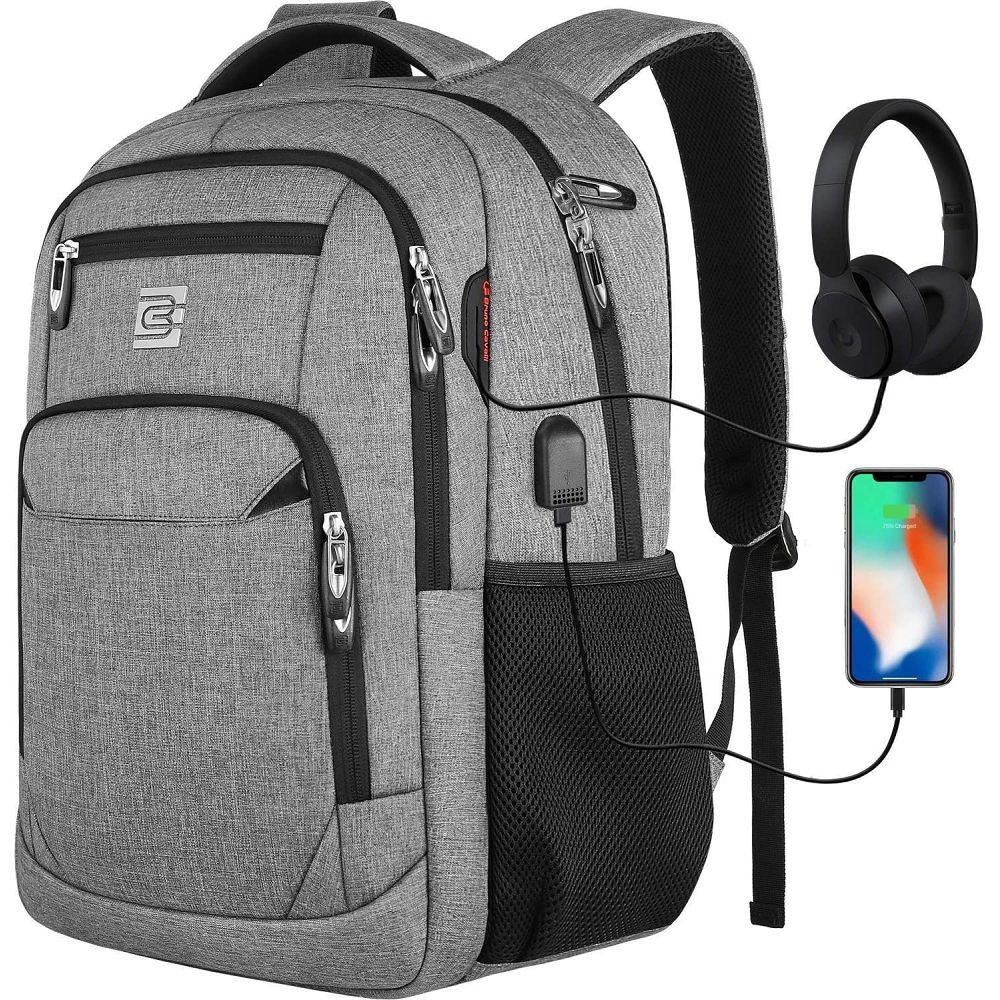 Rucsac pentru laptop, material oxford, compartiment 18" cu port USB extern si buzunar RFID, gri, 46 x 31 x 19 cm