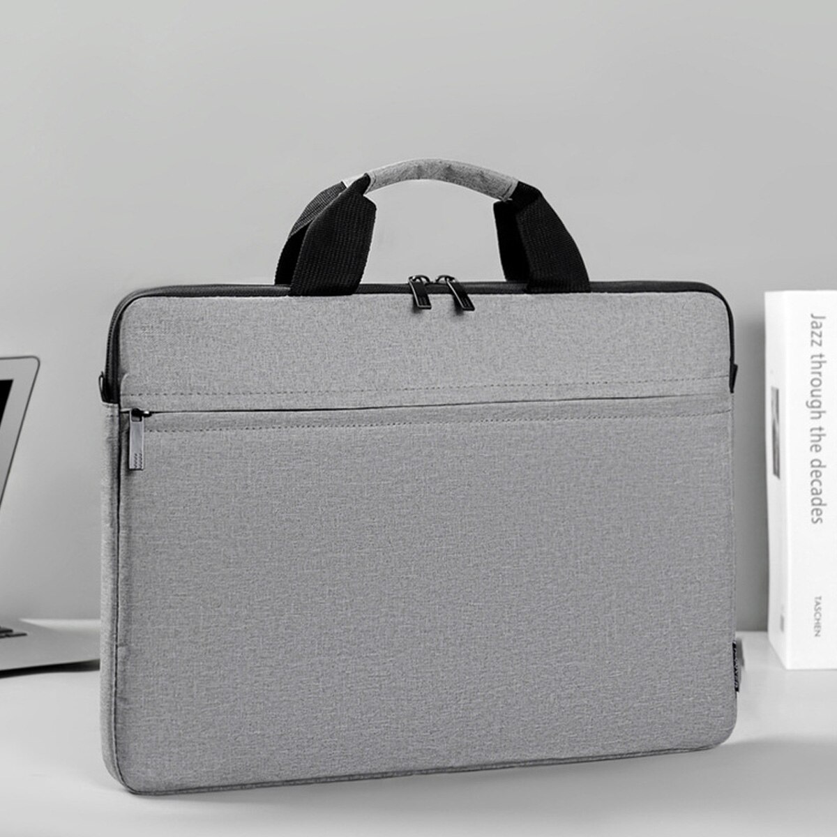 Servieta pentru laptop din Oxford cu bretea de umar si maner, rezistenta la apa, gri, 37 x 27 x 2 cm