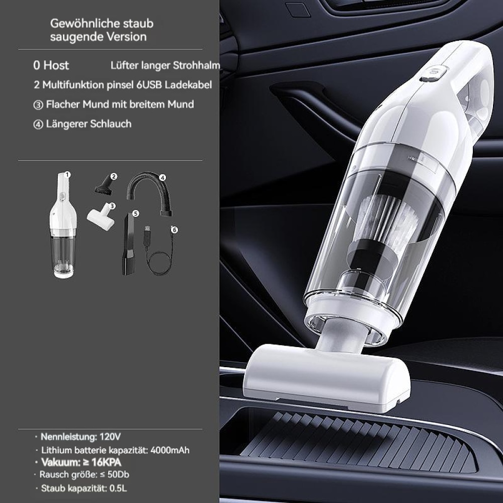 Aspirator portabil fara fir, 12.000 Pa, baterie 2×2000 mAh, incarcare USB, filtru HEPA, recipient 0.53 L, alb
