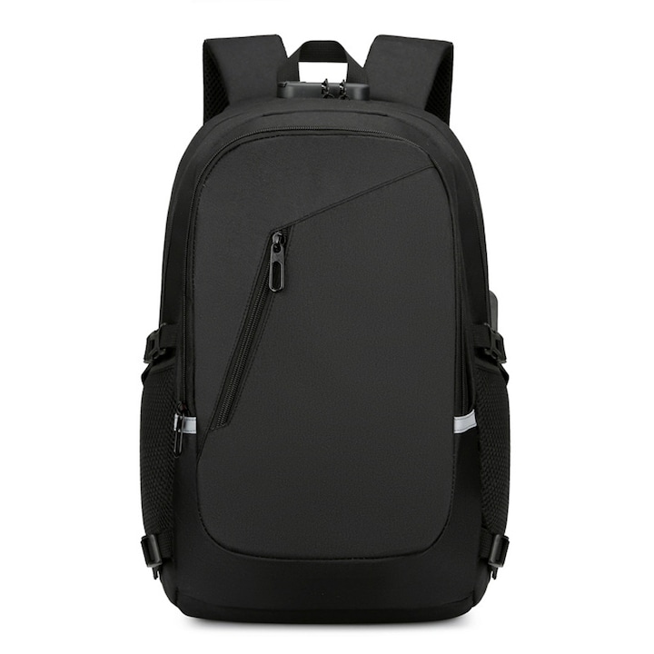 Rucsac laptop impermeabil cu lacat si port USB, negru, 15.6 inch, capacitate mare