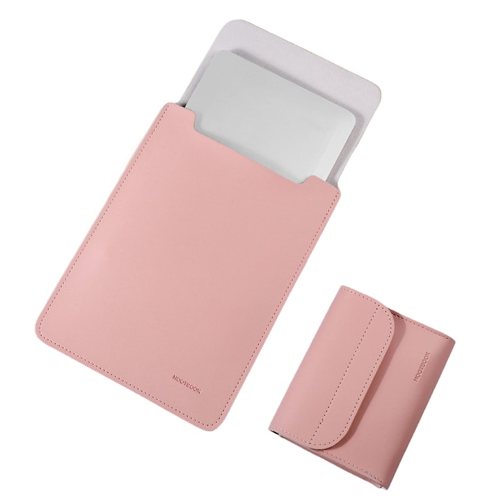 Husa laptop shockproof din piele ecologica, Peysaitr, 34.5x3x25.5cm, roz, cu accesorii