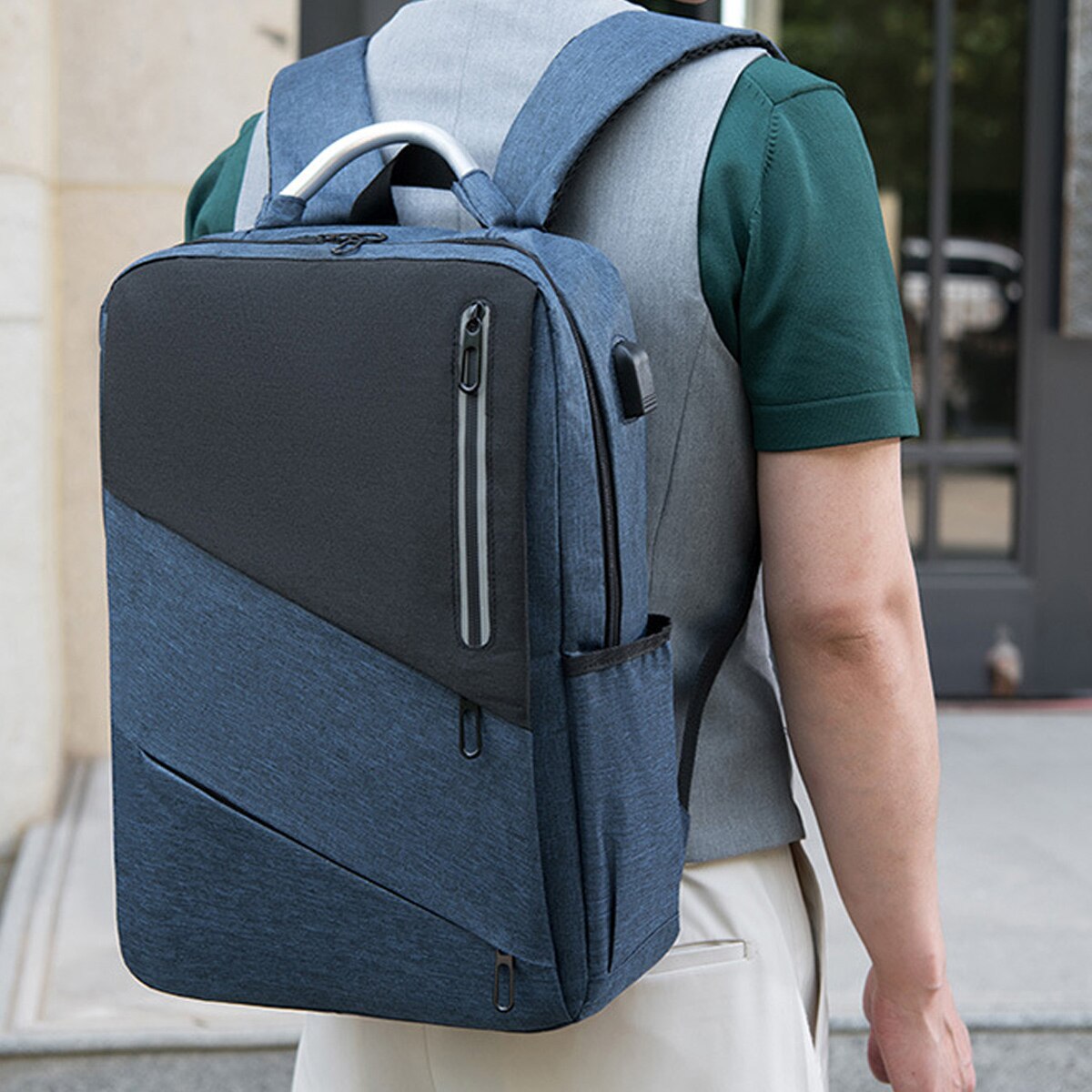 Rucsac laptop Zeaicos, 15.6 inch, albastru inchis, cu port USB, compartimente multiple