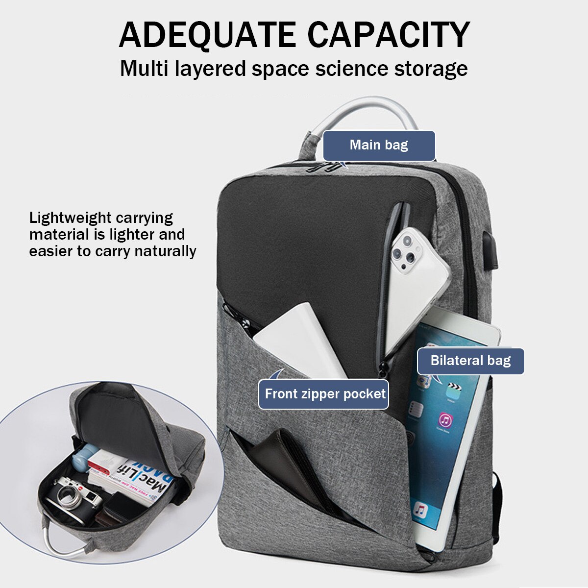 Rucsac laptop Zeaicos, 15.6 inch, albastru inchis, cu port USB, compartimente multiple