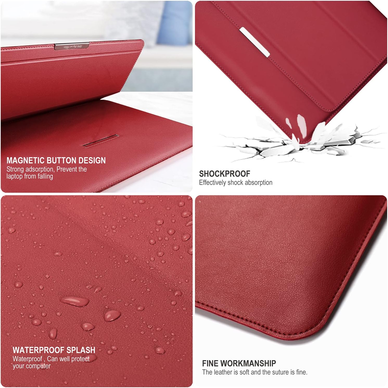 Husa laptop cu suport integrat, Cozevdnt, Compatibil cu laptop 13-13.5 inch, Piele ecologica, Rezistenta la zgarieturi, Rosu