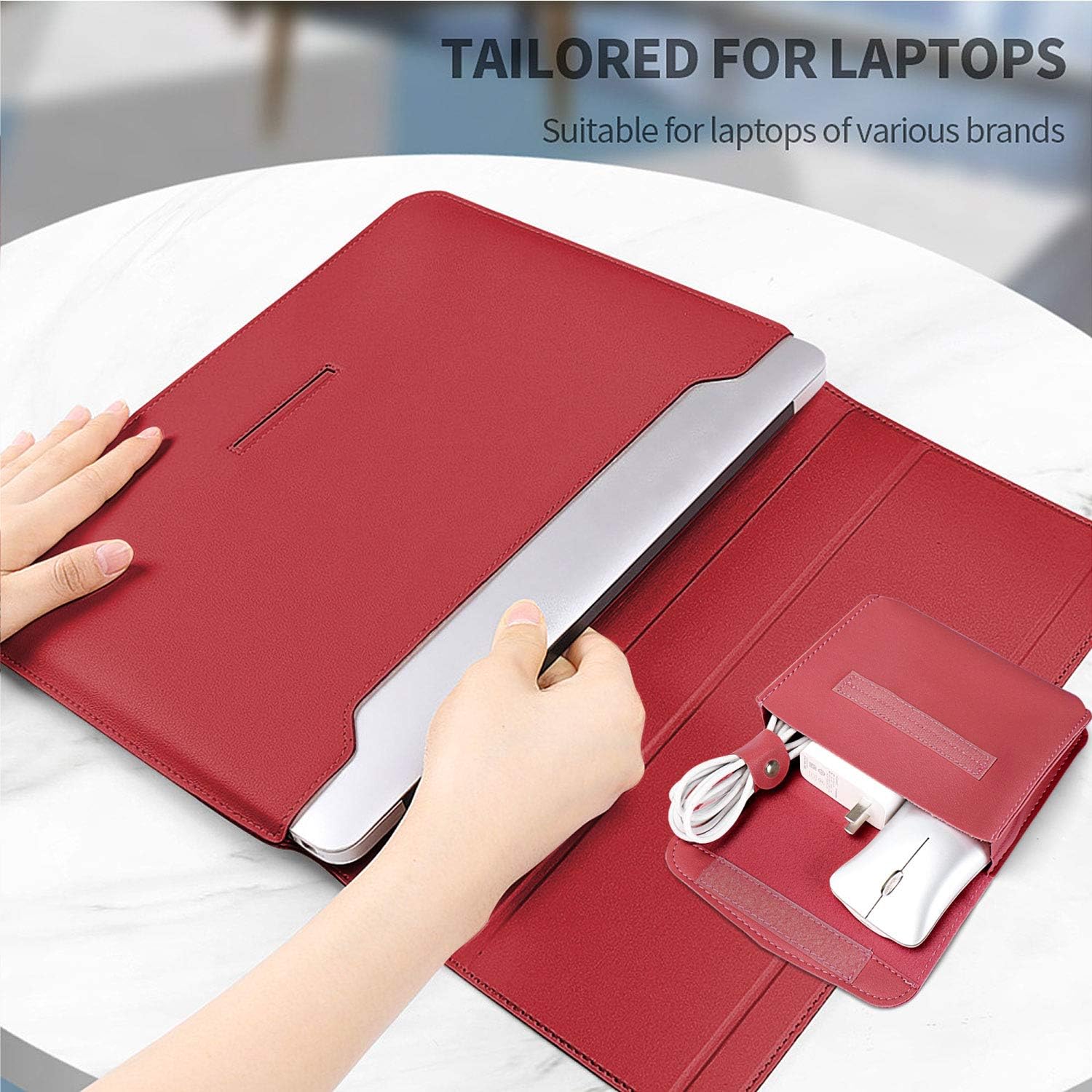 Husa laptop cu suport integrat, Cozevdnt, Compatibil cu laptop 13-13.5 inch, Piele ecologica, Rezistenta la zgarieturi, Rosu