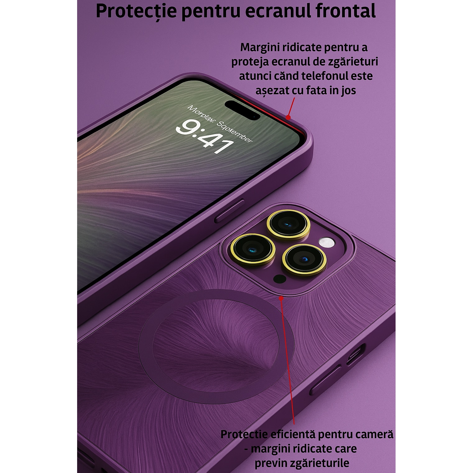 Husa de Protectie Pentru iPhone 14 ProMax MagSafe, Culoare Mov, lucios cu efect 3D tip Pana, design elegant si protectie completa inclusiv Lentile impotriva socurilor si zgarieturilor