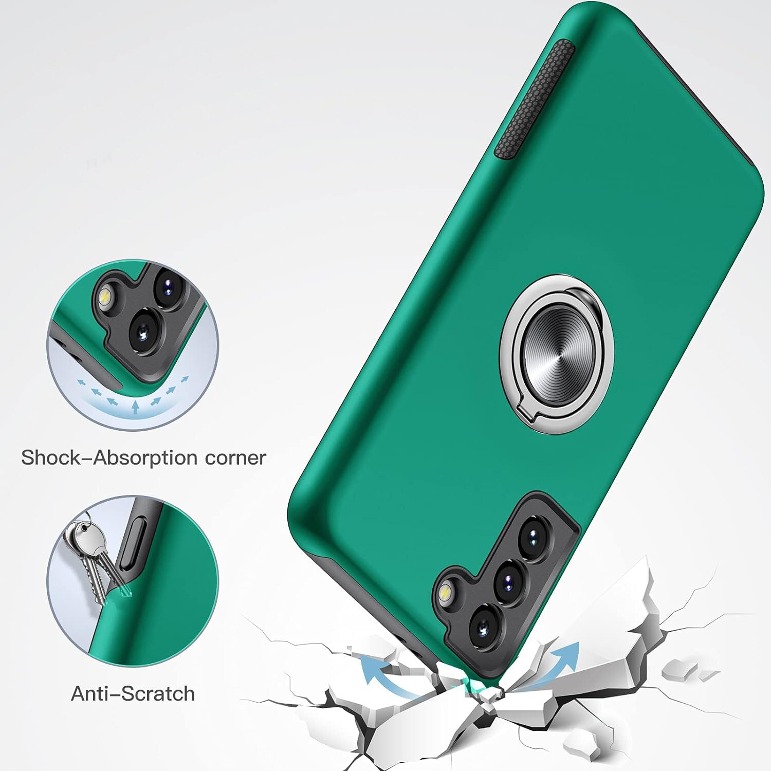 Husa pentru Samsung Galaxy S21 Plus, MobileSmart, Hibrid Antisoc, Inel Rotativ 360° Magnetic pentru Suport Auto, Verde