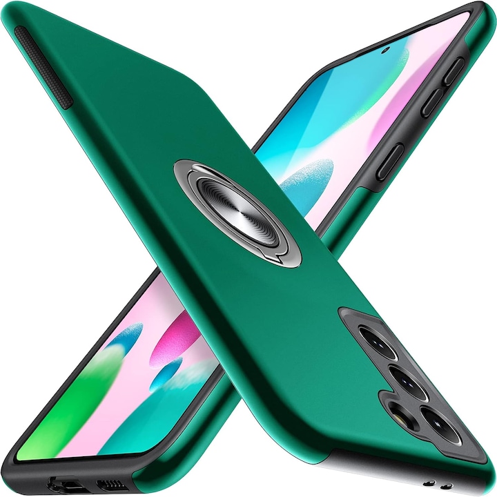 Husa pentru Samsung Galaxy S21 Plus, MobileSmart, Hibrid Antisoc, Inel Rotativ 360° Magnetic pentru Suport Auto, Verde