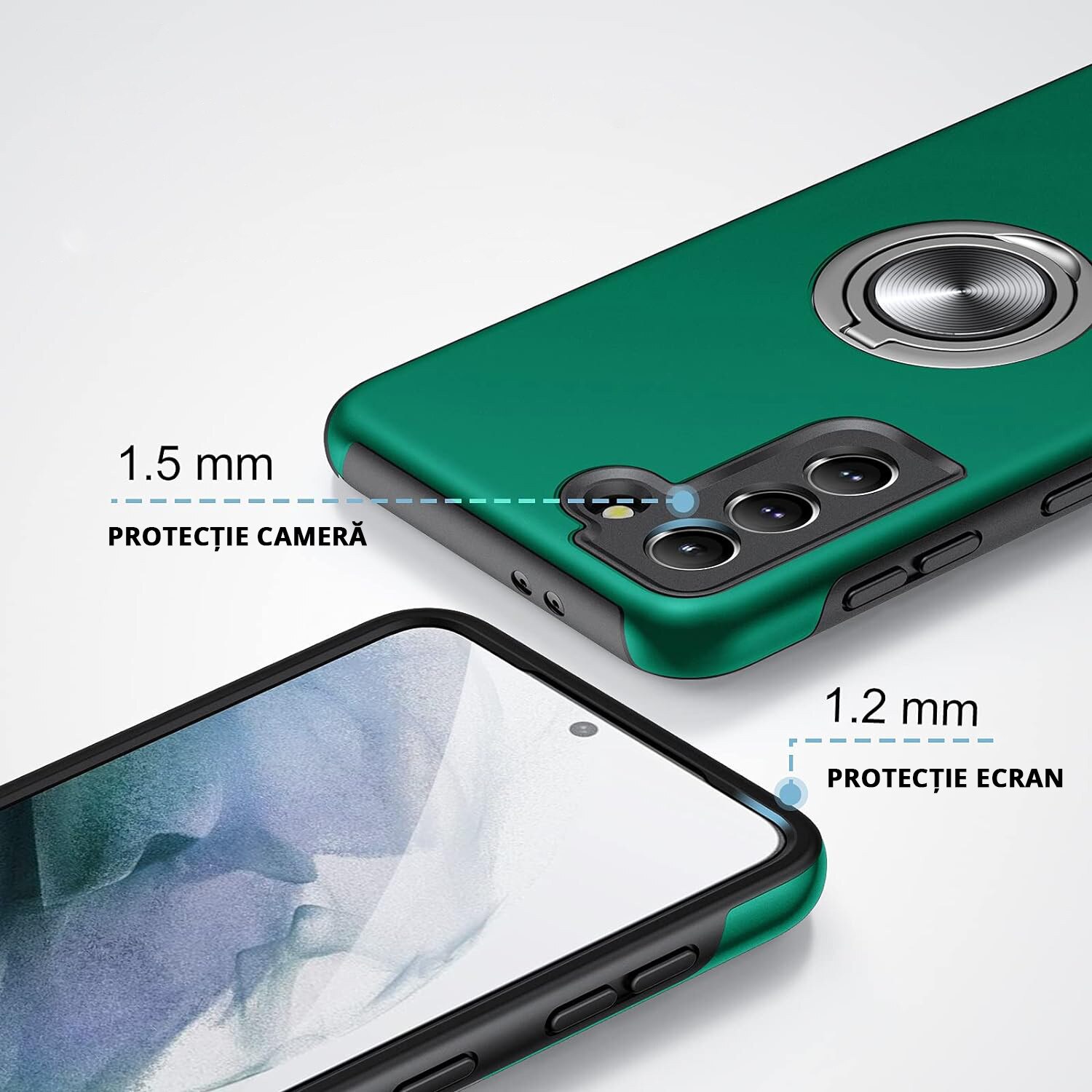 Husa pentru Samsung Galaxy S21 Plus, MobileSmart, Hibrid Antisoc, Inel Rotativ 360° Magnetic pentru Suport Auto, Verde