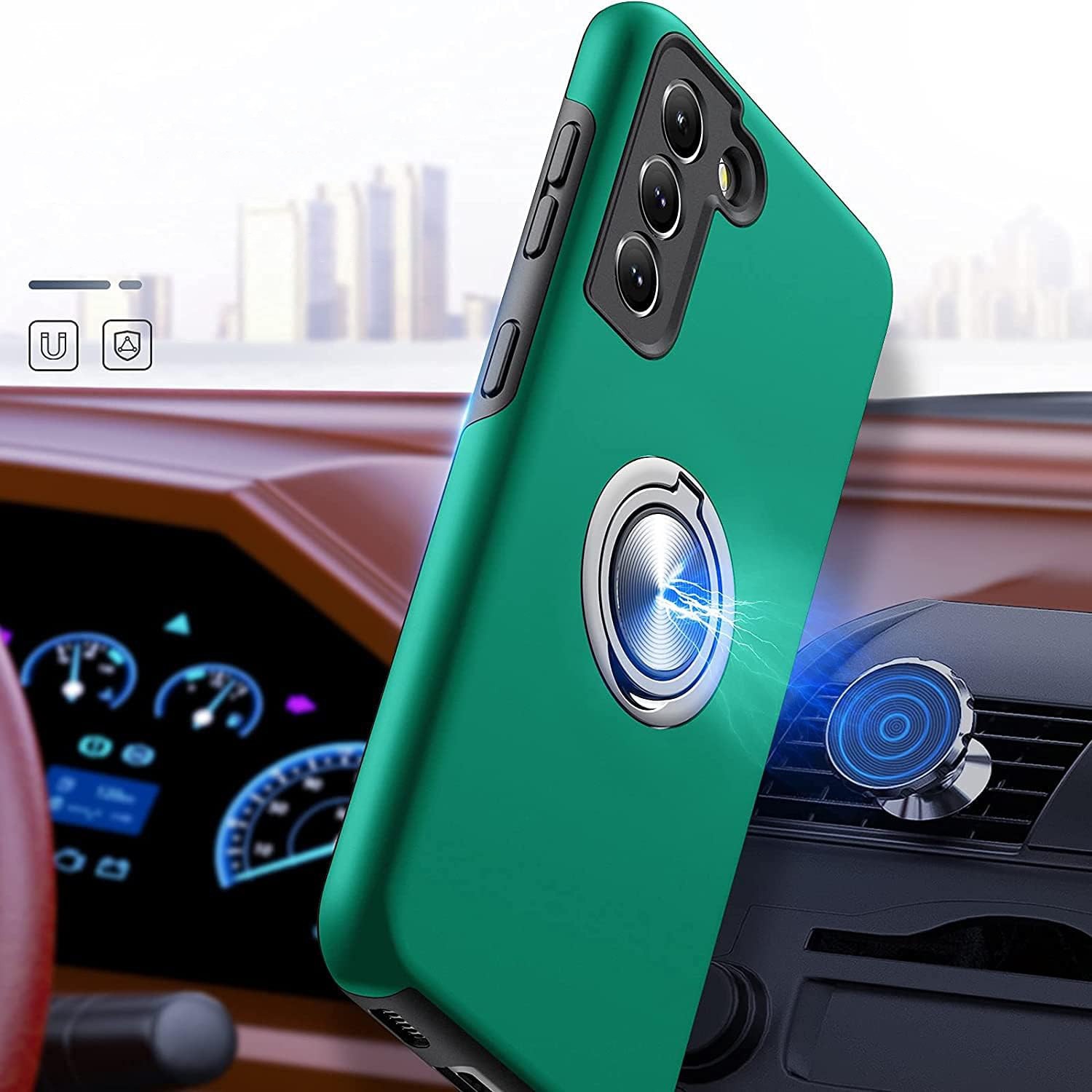 Husa pentru Samsung Galaxy S21 Plus, MobileSmart, Hibrid Antisoc, Inel Rotativ 360° Magnetic pentru Suport Auto, Verde