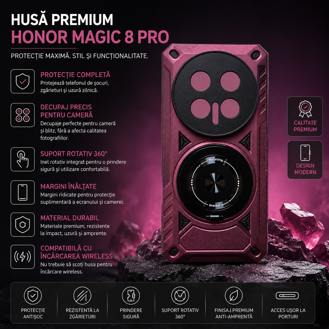 Husa Antisoc cu inel magnetic si rotativ compatibila cu Honor Magic 8 Pro, Visiniu