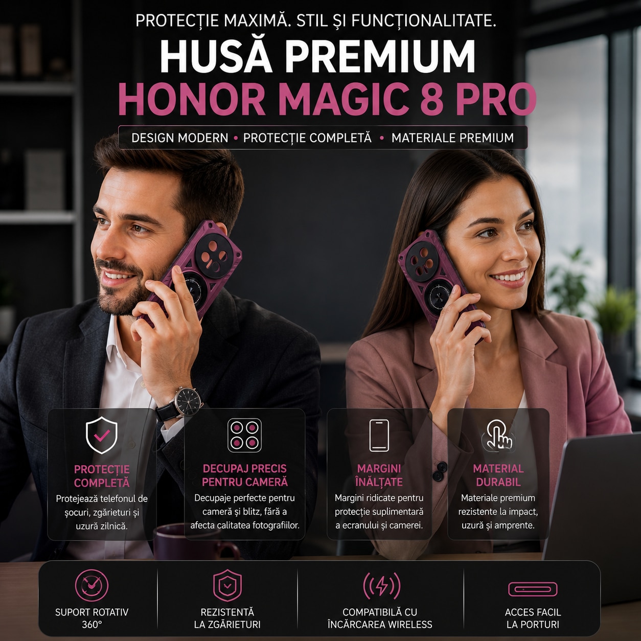 Husa Antisoc cu inel magnetic si rotativ compatibila cu Honor Magic 8 Pro, Visiniu