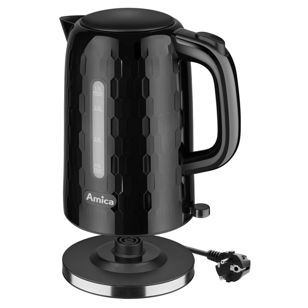 Fierbator de apa Amica KM3010, 1.7 l, 2200 W, Controler Strix, Suport pivotant la 360, Filtru anticalcar detasabil (Negru)