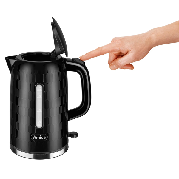 Fierbator de apa Amica KM3010, 1.7 l, 2200 W, Controler Strix, Suport pivotant la 360, Filtru anticalcar detasabil (Negru)