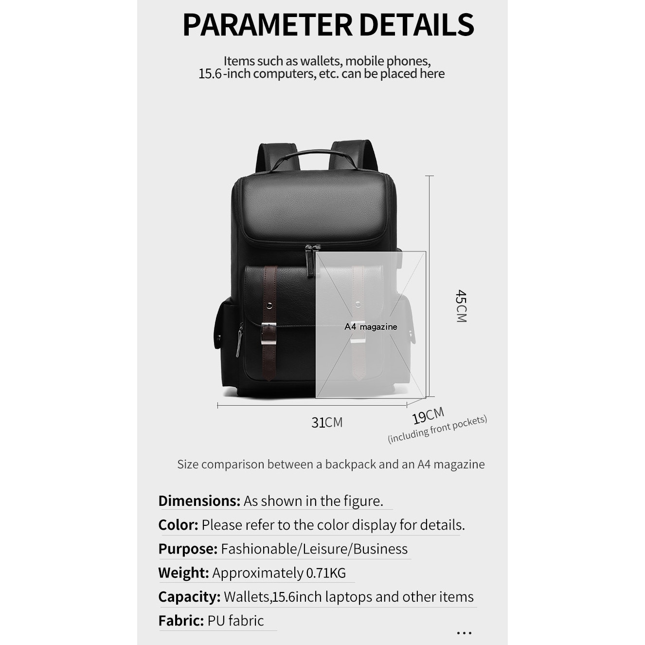 SasurLiLi, rucsac din piele PU cu port USB si compartiment pentru laptop 15,6 inch, negru