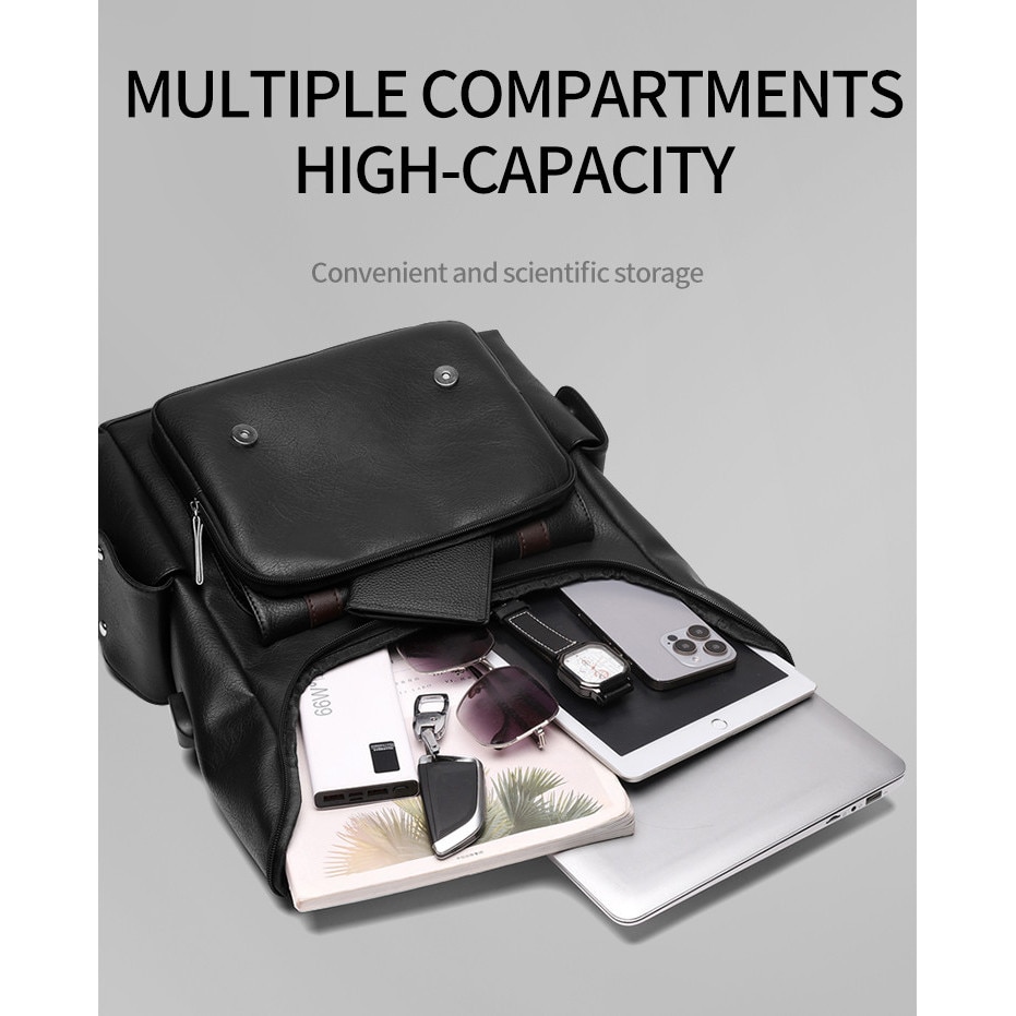 SasurLiLi, rucsac din piele PU cu port USB si compartiment pentru laptop 15,6 inch, negru