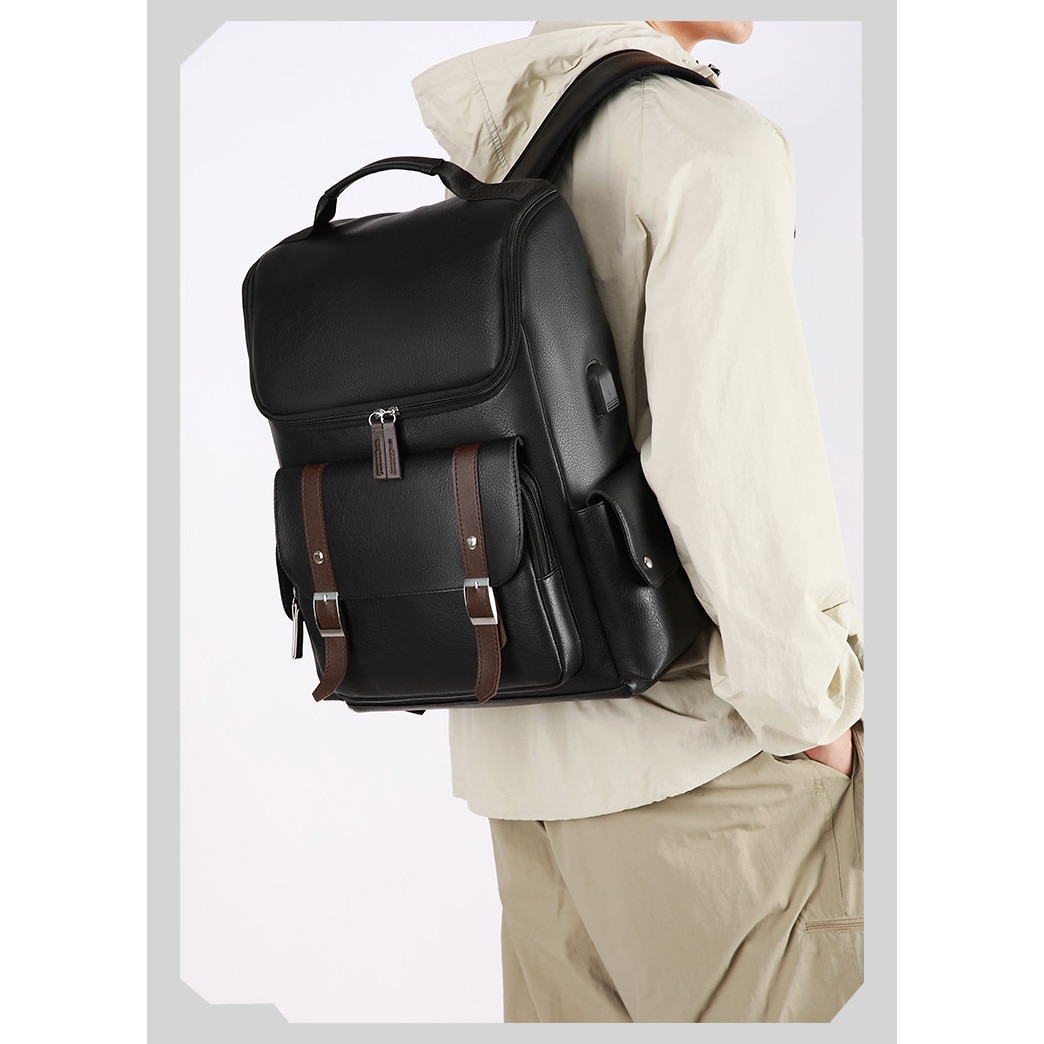 SasurLiLi, rucsac din piele PU cu port USB si compartiment pentru laptop 15,6 inch, negru