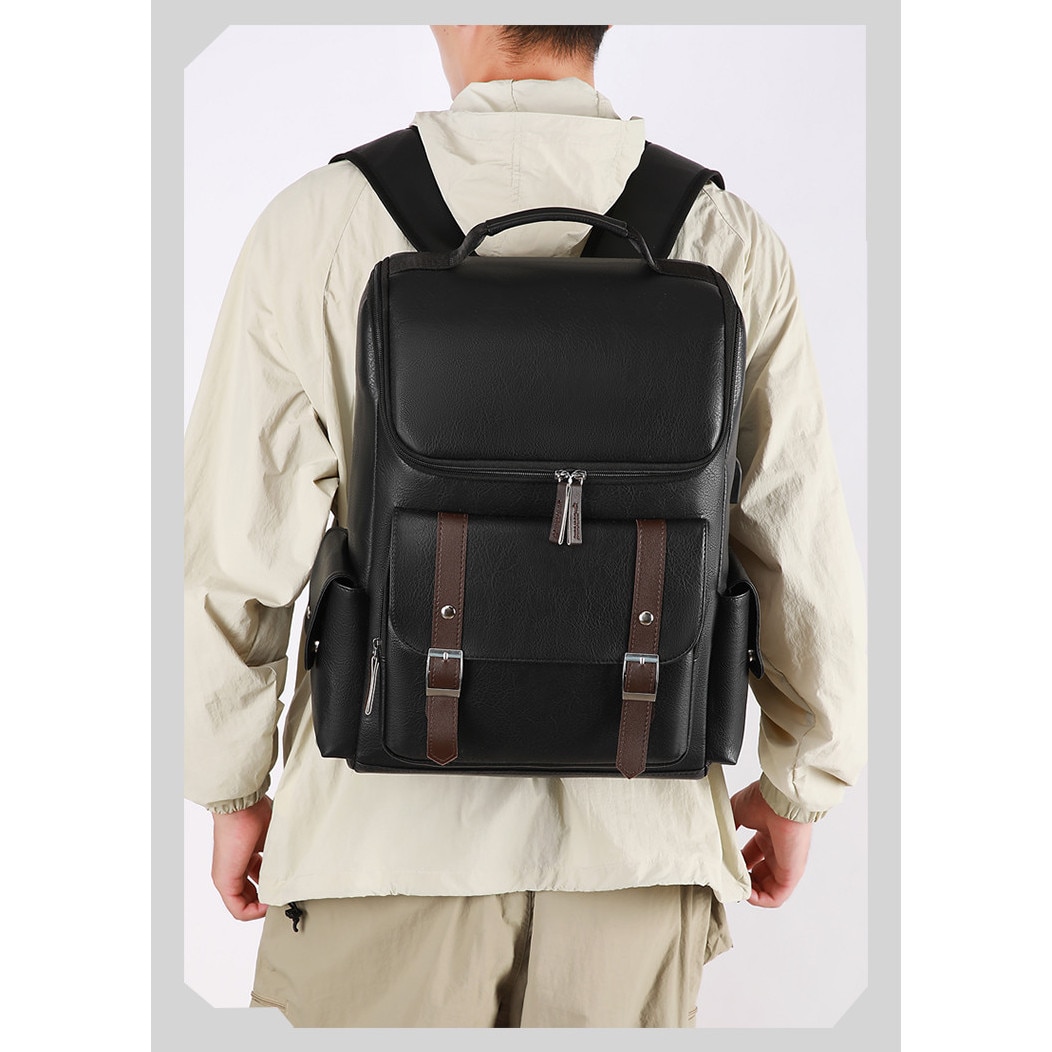 SasurLiLi, rucsac din piele PU cu port USB si compartiment pentru laptop 15,6 inch, negru