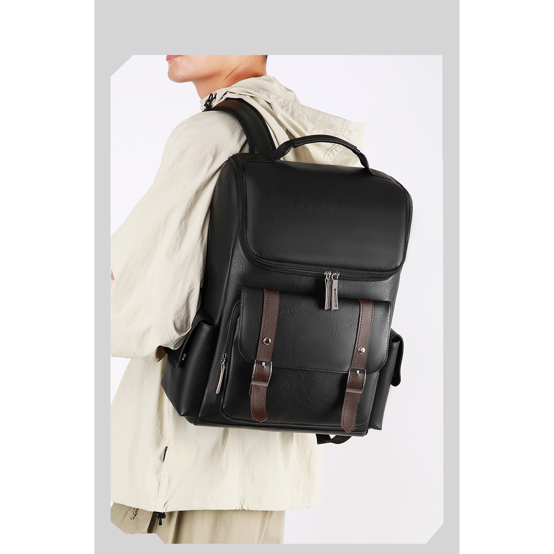 SasurLiLi, rucsac din piele PU cu port USB si compartiment pentru laptop 15,6 inch, negru
