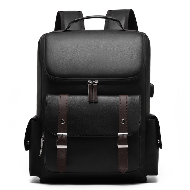 SasurLiLi, rucsac din piele PU cu port USB si compartiment pentru laptop 15,6 inch, negru