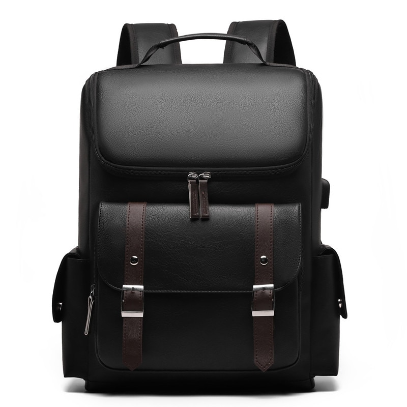 SasurLiLi, rucsac din piele PU cu port USB si compartiment pentru laptop 15,6 inch, negru