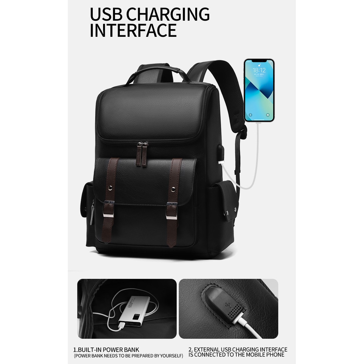 SasurLiLi, rucsac din piele PU cu port USB si compartiment pentru laptop 15,6 inch, negru