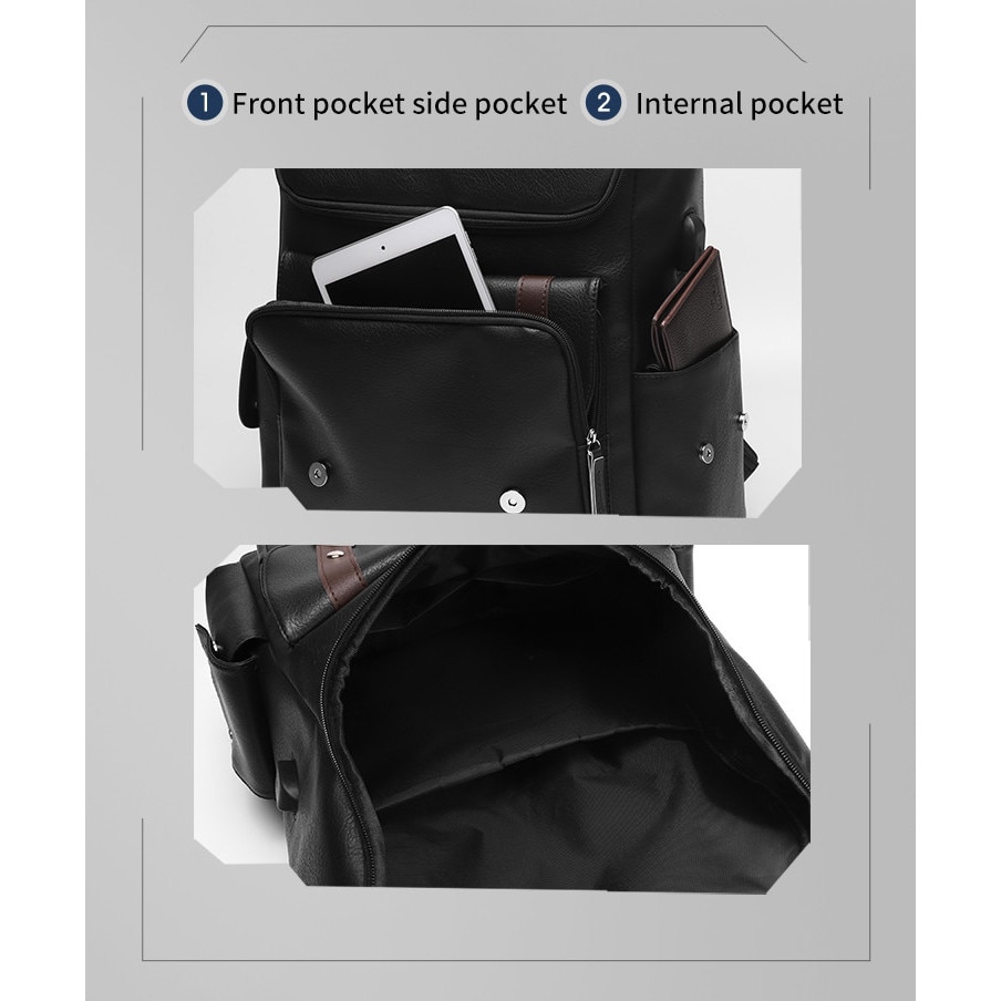SasurLiLi, rucsac din piele PU cu port USB si compartiment pentru laptop 15,6 inch, negru