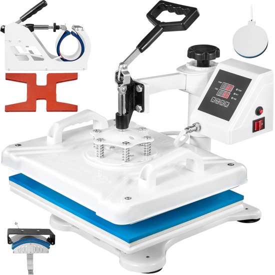 Presa termica 5-in-1 Corenia QRE-1015644, pentru tricouri, cani, sepci, pantofi si farfurii, platou 30 x 38 cm (12x15 inch), dubla incalzire tubulara, brat rotativ 360°, LCD digital, 1250W, alb