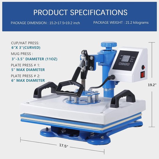 Presa termica 5-in-1 Corenia QRE-1015644, pentru tricouri, cani, sepci, pantofi si farfurii, platou 30 x 38 cm (12x15 inch), dubla incalzire tubulara, brat rotativ 360°, LCD digital, 1250W, alb