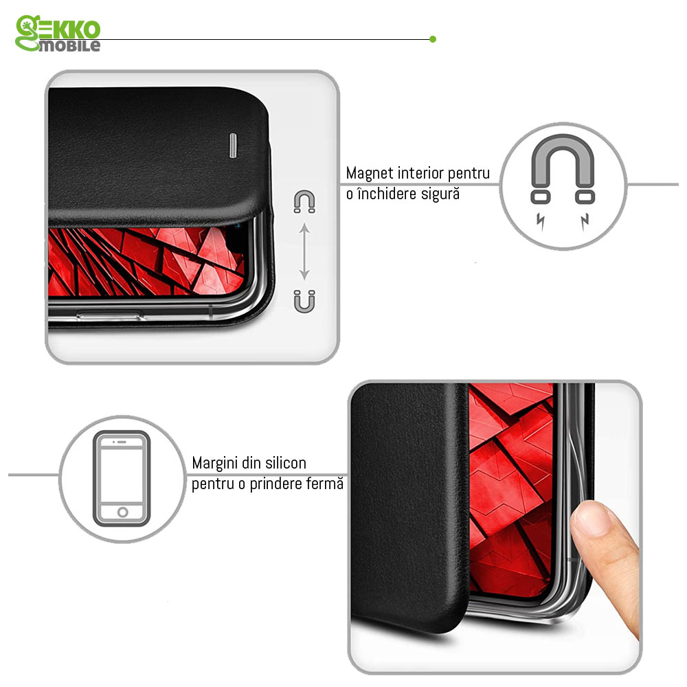 Husa pentru Samsung M12 - tip carte, inchidere magnetica, Gekko Elegance - NEAGRA