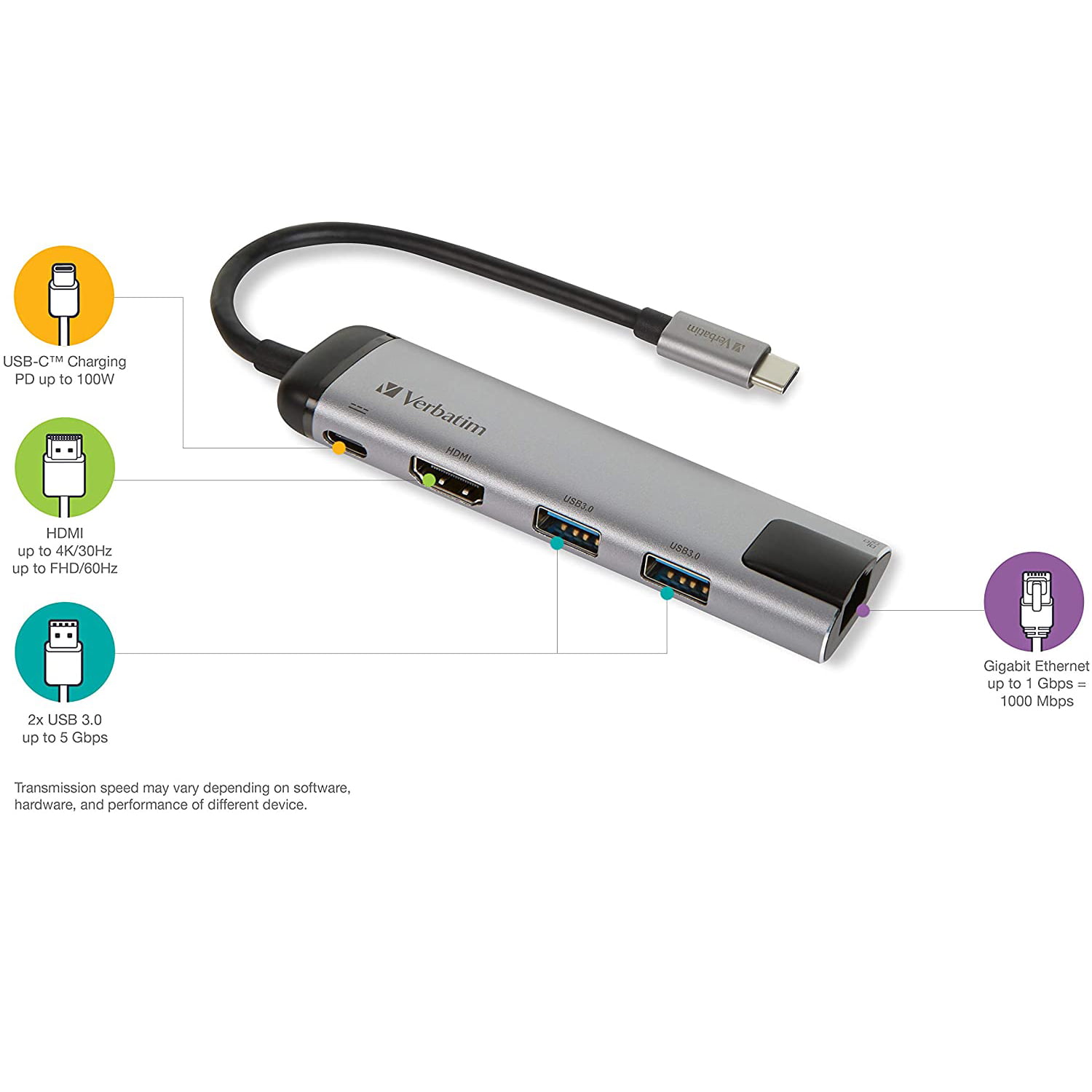 Hub Multi-Port Verbatim, 4K HDMI, USB 3.0 / Type C, RJ-45, Silver