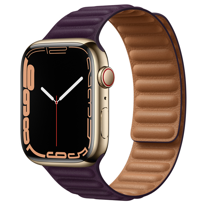 Ceas Smartwatch Apple Watch Series 7, GPS + Cellular, 45mm Gold Stainless Steel Case, Dark Cherry Leather Link