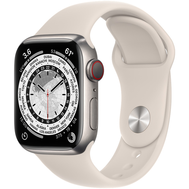 Ceas Smartwatch Apple Watch Series 7, GPS + Cellular, 45mm Titanium Case, Starlight Sport Band